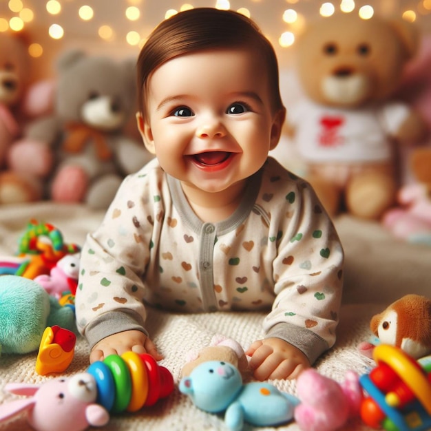 un bebé está sonriendo y sentado en una manta con muchos animales de peluche