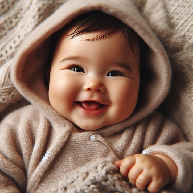 un bebé está sonriendo y usando una chaqueta marrón