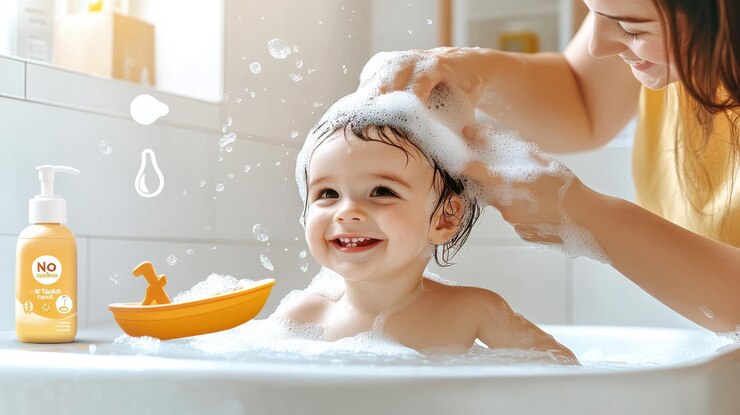 un bebé está tomando un baño con jabón y agua