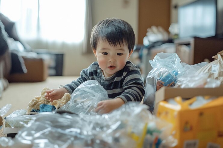 Bebé explorando una sala de estar desordenada llena de desechos plásticos y juguetes IA generativa