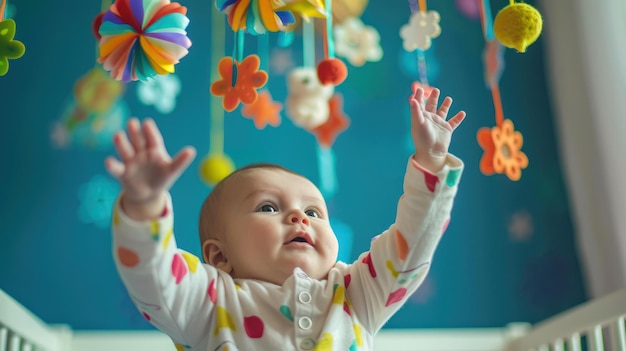 Un bebé extendiendo la mano para tocar un móvil colorido por encima de su cuna