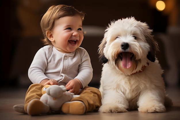 Bebê feliz brincando com cachorro