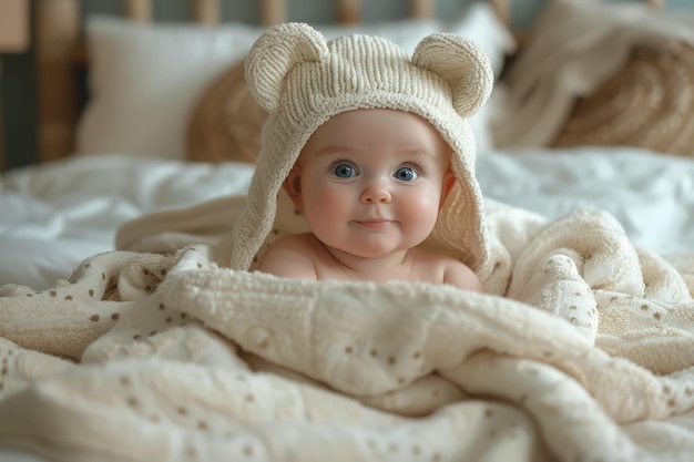 Bebê feliz com chapéu de urso na cama