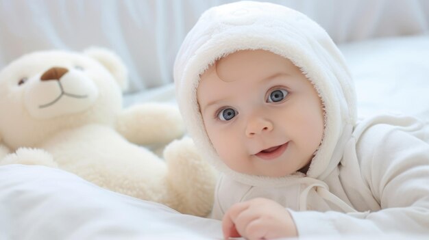 Bebê feliz com um capuz branco em um quarto branco e ensolarado Bebê recém-nascido descansando na cama Recém-nascida com um peluche