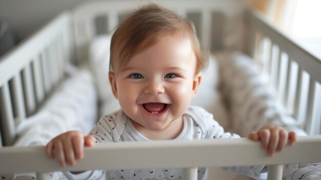 Foto bebé feliz en una cuna