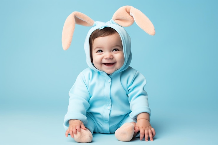 Foto bebê feliz em traje de coelhinho em fundo azul