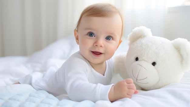 Foto bebê feliz em um quarto branco e ensolarado bebê recém-nascido descansando na cama recém-nascida com espaço de cópia de ursinho de pelúcia