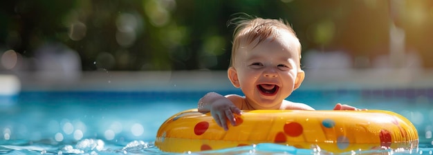 Un bebé feliz está sentado en un anillo inflable en la piscina