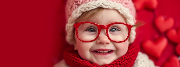 bebé feliz con gafas rojas en primer plano