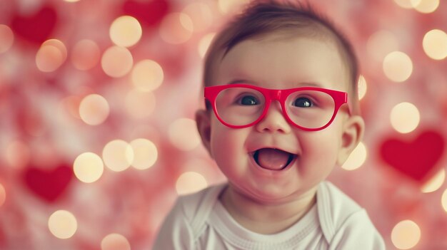 Foto bebé feliz con gafas rojas en primer plano