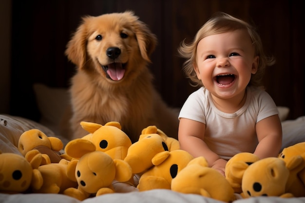 Bebé feliz jugando con perro