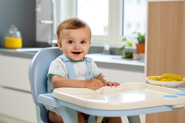 Foto bebê feliz na cadeira de alimentação verde