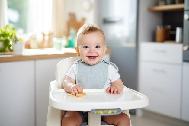 Foto bebê feliz na cadeira de alimentação verde