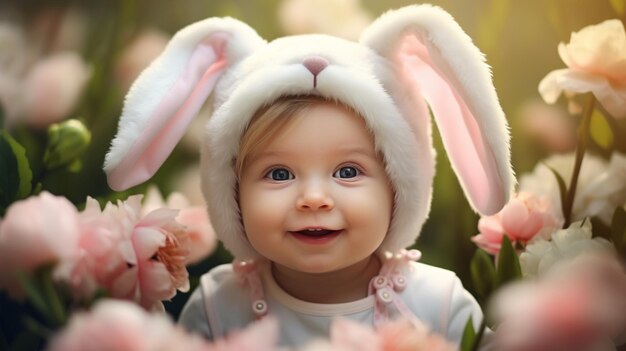 Foto un bebé feliz con orejas de conejo de pascua