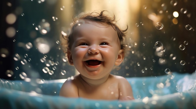 Bebé feliz riendo en la bañera