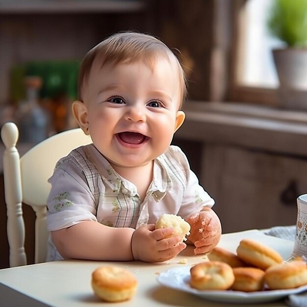 Foto bebê feliz sentado à mesa na cozinha e comendo com um apetite