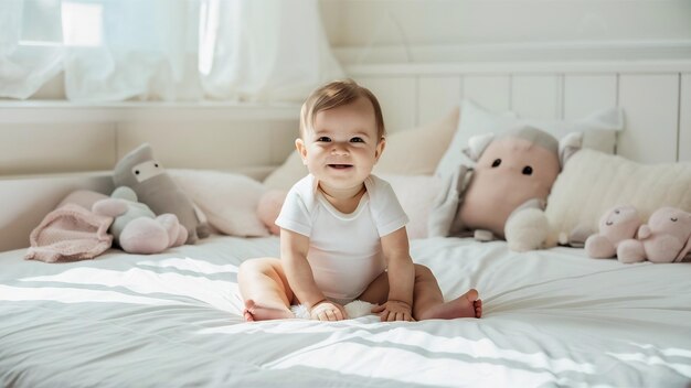 Bebé feliz sentado en una cama blanca