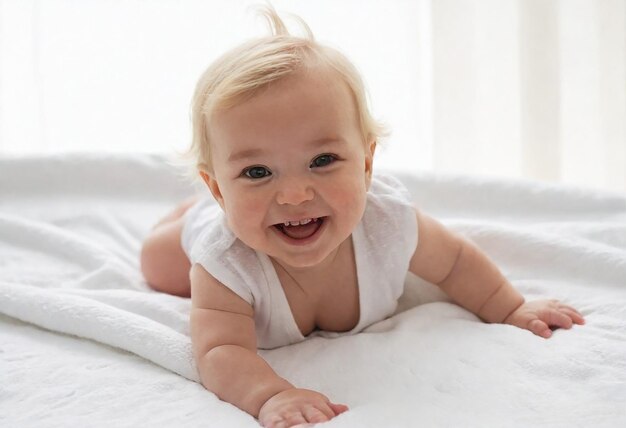Un bebé feliz y sonriente con el cabello rubio tendido sobre una manta blanca
