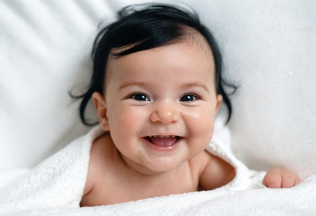 Foto un bebé feliz y sonriente con el cabello rubio tendido sobre una manta blanca