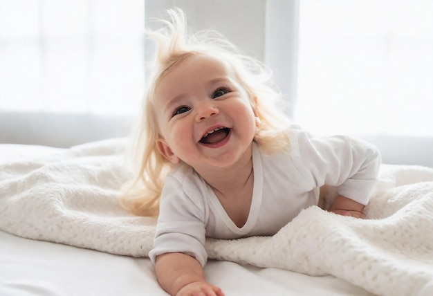 Un bebé feliz y sonriente con el cabello rubio tendido sobre una manta blanca