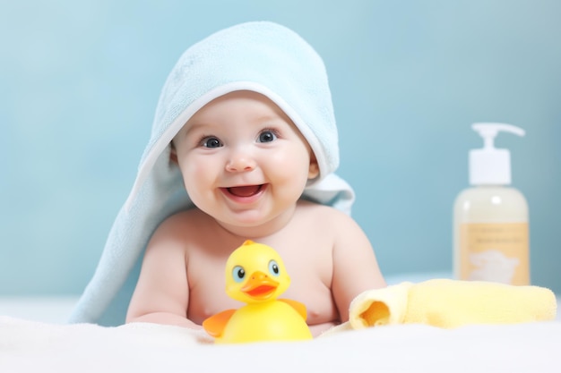 Bebé feliz con toalla blanca con capucha sentado en la cama después del baño