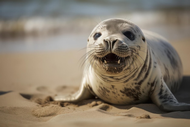 Bebé foca riendo en la playa