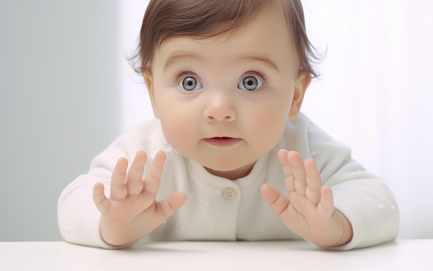 Bebê fofo branco curioso examinando as próprias mãos closeup isolado em fundo branco