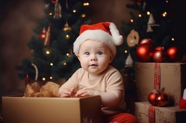 Bebê fofo com um chapéu de Papai Noel vermelho com caixa de presente no fundo da árvore de Natal Retrato de Natal de uma criança pequena feliz perto da IA gerada