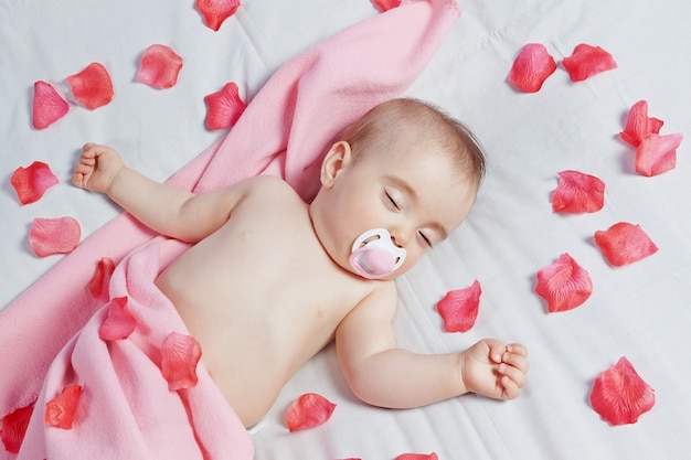 Bebê fofo dorme na parede de pétalas de rosa. Fechar-se.