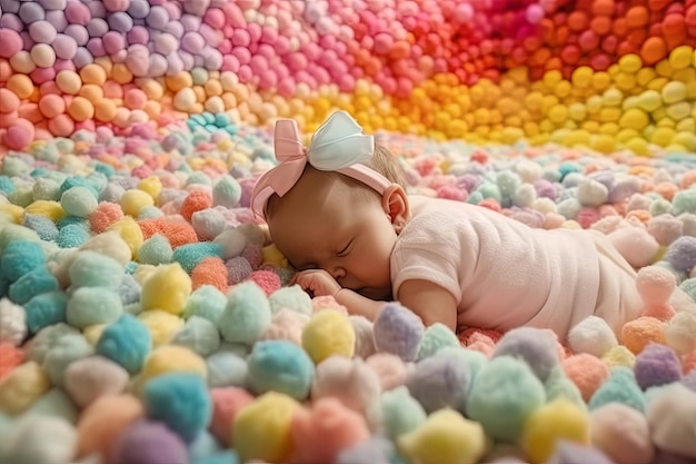 Bebê fofo dormindo entre algodão colorido Generative AI