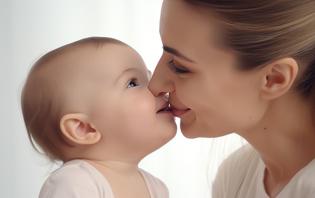 Bebê fofo e amoroso respondendo à voz dos pais, closeup isolado em fundo branco