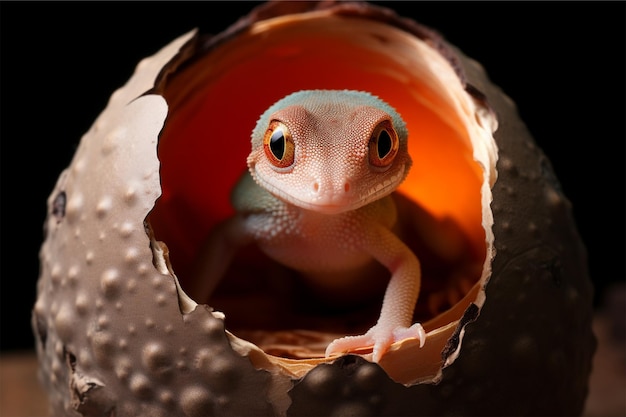 Foto un bebé gecko está saliendo de un huevo.