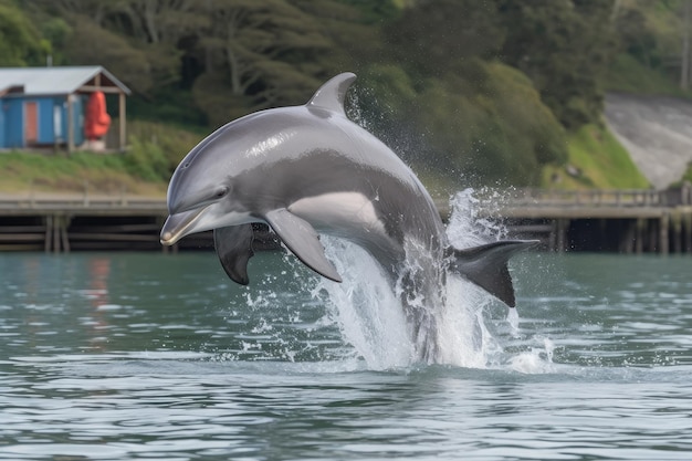 Bebê golfinho pulando sobre cardume de peixes com sua cauda no ar criado com IA generativa