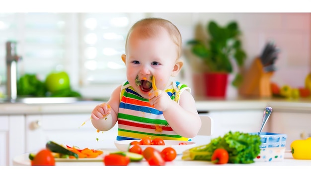 bebé gracioso comiendo comida saludable en la cocina