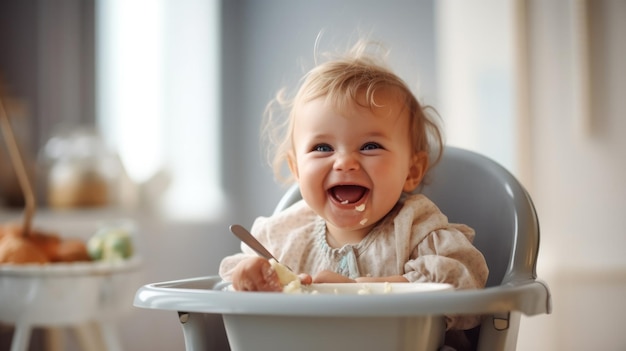 bebé gracioso comiendo comida saludable en la cocina