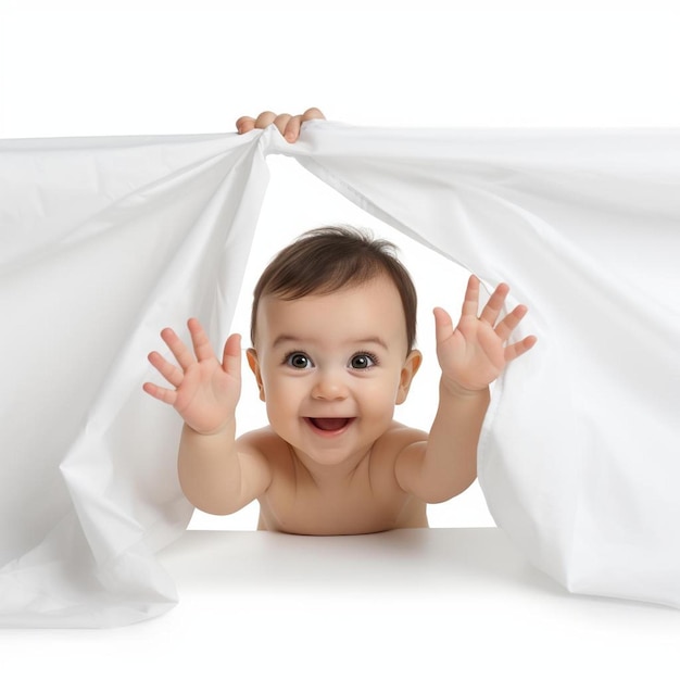 Foto bebé gracioso mirando a través de la sábana blanca con los pies en el aire