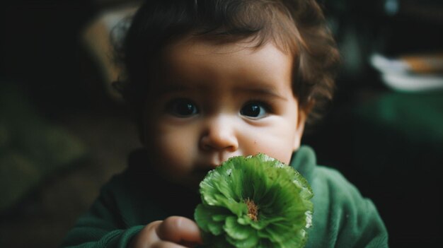 Un bebé con una hoja verde en la boca.