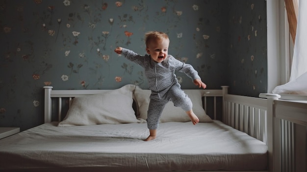 Foto bebé con ia generativa salta sobre la cama