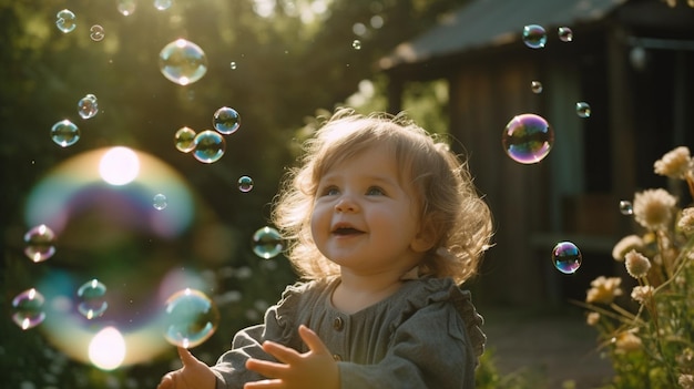 Un bebé infantil jugando con burbujas fuera de la imagen generativa de IA