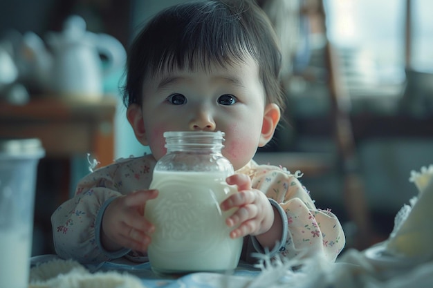 Bebé japonés bebiendo leche