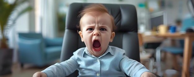Bebé jefe furioso Haciendo ruido en la oficina corporativa Situación concepto escenario gracioso Bebé jefe oficina corporativa Furioso berrinche ambiente ruidoso