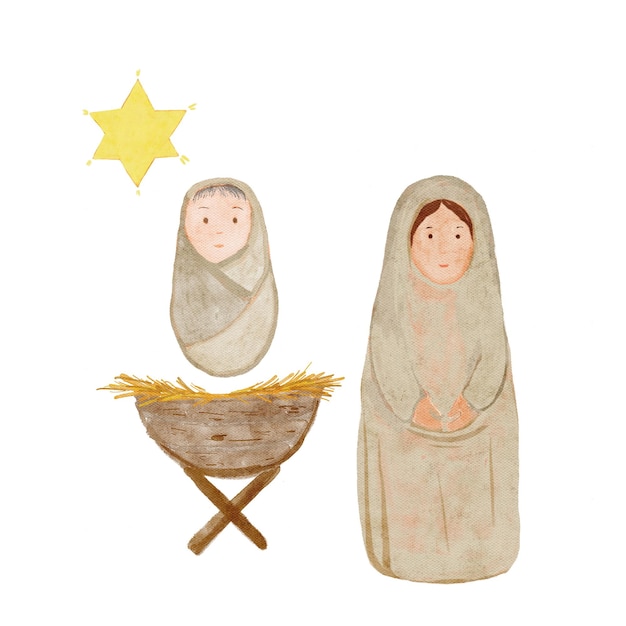 El bebé Jesús envuelto, el pesebre María y la estrella de Navidad, acuarela pintada a mano aislada en blanco