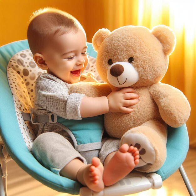 un bebé juega y se sienta en una silla alta con un oso de peluche