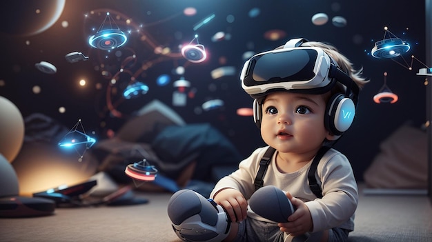 Bebé jugando con auriculares VR Metaverse y Future Technology