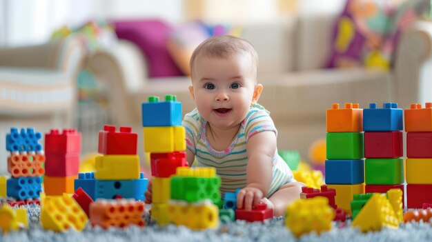 Un bebé jugando con bloques de colores y apilándolos