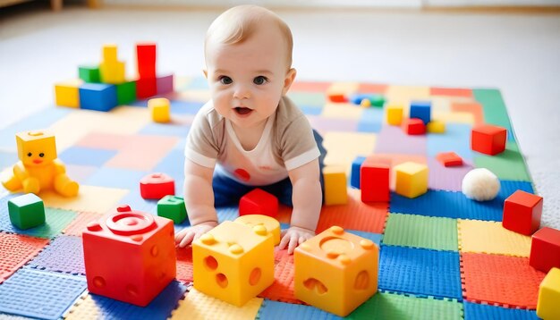 Foto un bebé jugando con bloques en el suelo