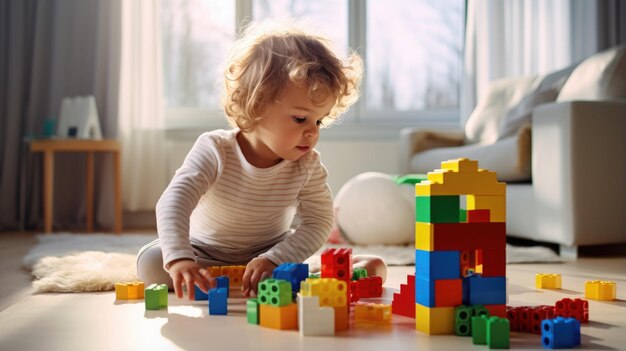 Bebé jugando juguetes coloridos en casa o en la guardería Juguetes educativos para preescolar