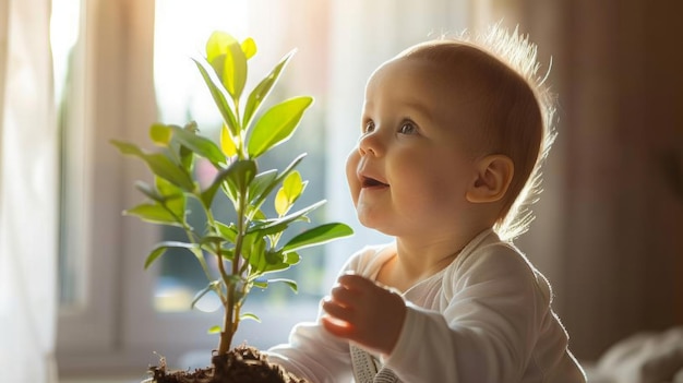 Foto bebé jugando con una pequeña planta