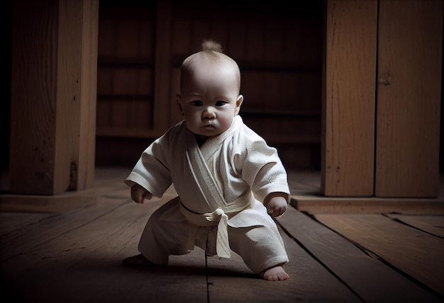 Bebé en kimono blanco en posición de combate en un dojo de madera Generar Ai