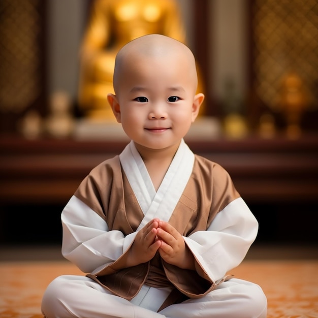 un bebé con kimono se sienta en el suelo con las manos delante de una estatua.